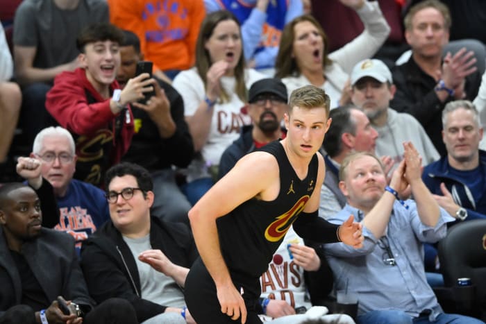 Mar 3, 2024; Cleveland, Ohio, USA; Cleveland Cavaliers guard Sam Merrill (5) reacts after making a three-point basket in the third quarter against the New York Knicks at Rocket Mortgage FieldHouse. Mandatory Credit: David Richard-USA TODAY Sports